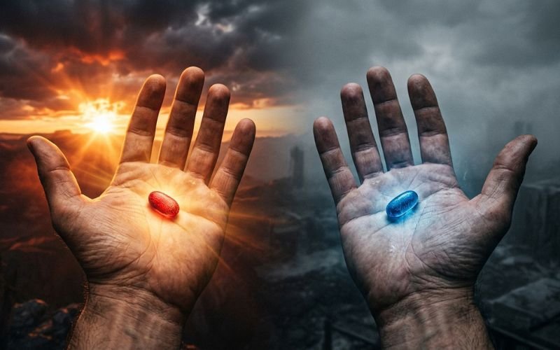 Duas pílulas vermelha e azul representando a decisão de aceitar Jesus Cristo com base em evidências 