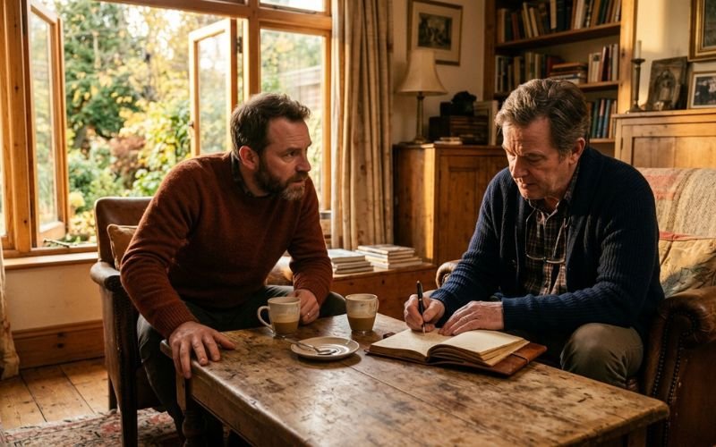 Dois amigos em sala vintage discutindo profecias cumpridas como prova de que Deus existe