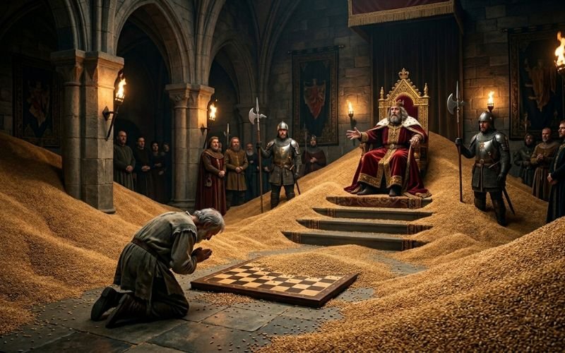 Rei e servo com tabuleiro de xadrez ilustrando o crescimento exponencial das profecias bíblicas