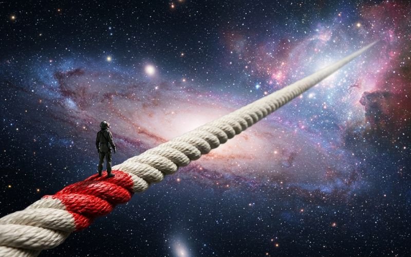 Corda infinita no cosmos representando a eternidade comparada à breve vida terrena