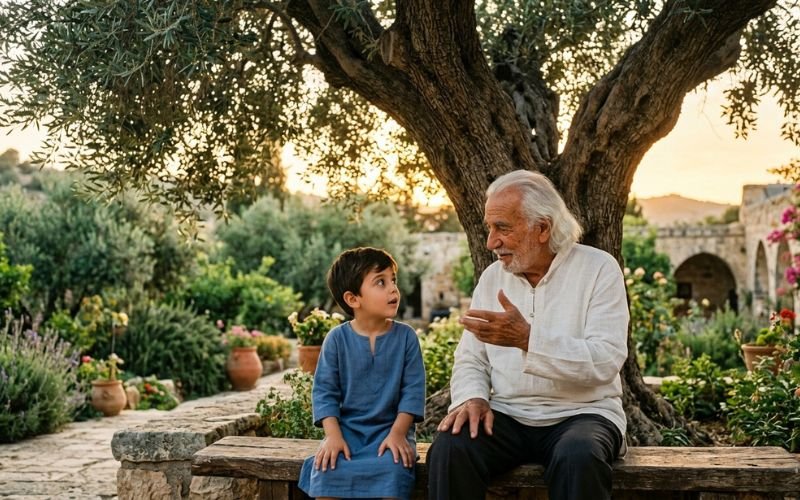 Avô contando ao neto a história do período intertestamental e a promessa do Messias