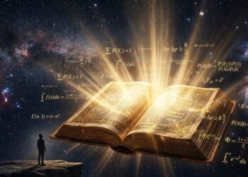 Universo estrelado com Bíblia aberta e raios de luz — prova matemática de que Deus existe