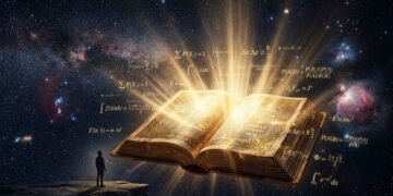 Universo estrelado com Bíblia aberta e raios de luz — prova matemática de que Deus existe