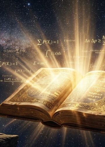 Universo estrelado com Bíblia aberta e raios de luz — prova matemática de que Deus existe